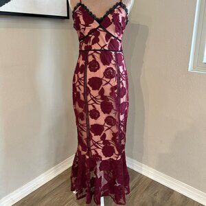 Lulu's Burgundy Floral Mesh Lace Trumpet Midi Dress